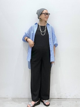 「アイテム（サロペット/オーバーオール、ブラック系）」を使った、chamiさん（レディース・154cm）の夏コーディネート