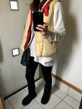 「巾着バッグ」｜「アイテム（ダウンベスト）」を使った、sato*さん（レディース・155cm）の秋コーディネート