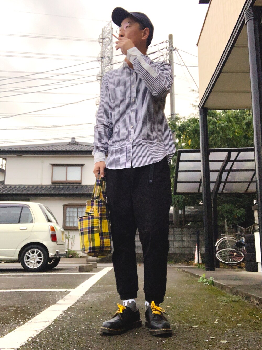 「秋冬コーデ、おしゃれさんと繋がりたい、大人カジュアル、PORTER、Danton、gymmaster、Dr.Martens、SOPHNET.、チェック」｜「SOPHNET.のアイテム（シャツ/ブラウス、ブルー系）」を使った、ゆうすけさん（メンズ・176cm）の秋コーディネートの1枚目の写真