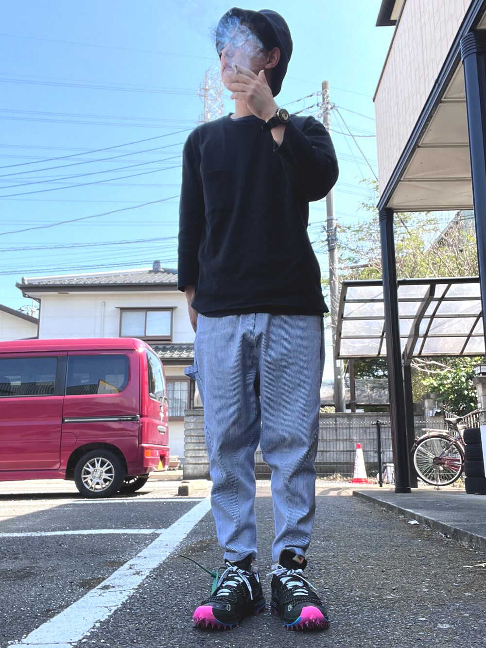 「お洒落さんとつながりたい、今日のコーデ、off white、春夏コーデ、Champion、CAMBIO、サルエルパンツ、UNIQLO、NIKE」｜「off whiteのアイテム（スニーカー、ブラック系）」を使った、ゆうすけさん（メンズ・176cm）の春コーディネートの1枚目の写真