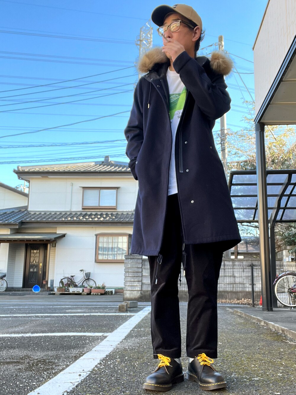 「冬アウター、おしゃれさんと繋がりたい、Dr.Martens、nano・universe、THE NORTH FACE、TROVE、kith」｜「TROVEのTROVE 2019AW / DOZE PANTS（その他パンツ、ブラック系）」を使った、ゆうすけさん（メンズ・176cm）の冬コーディネートの1枚目の写真