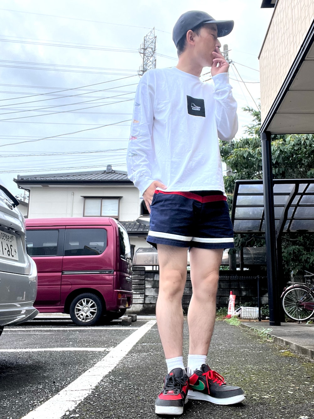 「夏コーデ、スニーカーコーデ、おしゃれさんと繋がりたい、AIR FORCE 1、NARUTO TRUNKS、converse、ロンT、THE NORTH FACE、キャップ」｜「NIKEのアイテム（スニーカー、その他）」を使った、ゆうすけさん（メンズ・176cm）の夏コーディネートの1枚目の写真
