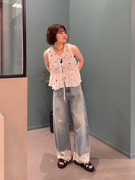 「LOWRYS FARM（ローリーズファーム）のレースデニム　601055（デニムパンツ、ブルー系）」を使った、ヤスダ ナナセさん（レディース・154cm）の夏コーディネート