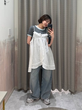 「LOWRYS FARM（ローリーズファーム）のレースデニム　601055（デニムパンツ、ブルー系）」を使った、ヤスダ ナナセさん（レディース・154cm）の春コーディネート