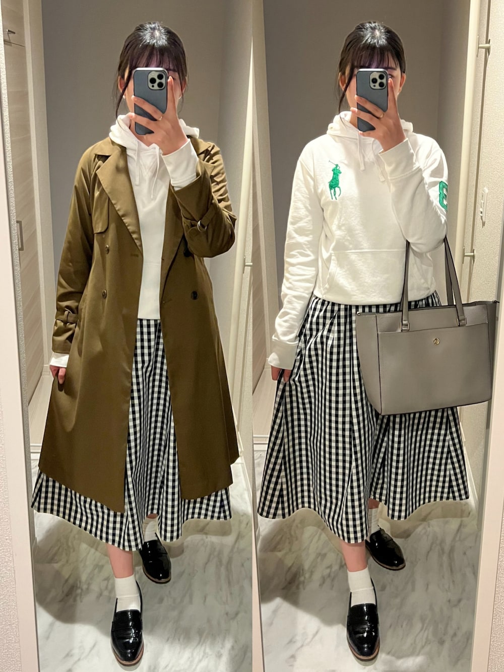 「春コーデ、カーキトレンチコート、ギンガムチェック」｜「POLO RALPH LAURENのガーメントダイド フリース フーディ（パーカー、ホワイト系）」を使った、chiさん（レディース・166cm）の春コーディネートの1枚目の写真