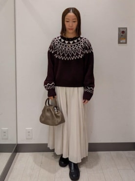 「KBF（ケイビーエフ）のノルディックニット（ニット/セーター、レッド系）」を使った、MIHOさん（レディース・153cm）の冬コーディネート