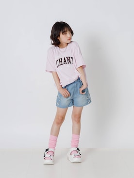 「algy（アルジー）のサテンアップリケロゴBIG半袖Tシャツ（Tシャツ/カットソー、ピンク系）」を使った、F.O.OnlineStoreさん（キッズ・110cm）の夏コーディネート