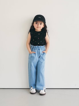 「apres les cours（アプレレクール）の裾スリットワイドパンツ_ジュニア対応（その他パンツ、ブルー系）」を使った、F.O.OnlineStoreさん（キッズ・110cm）の夏コーディネート