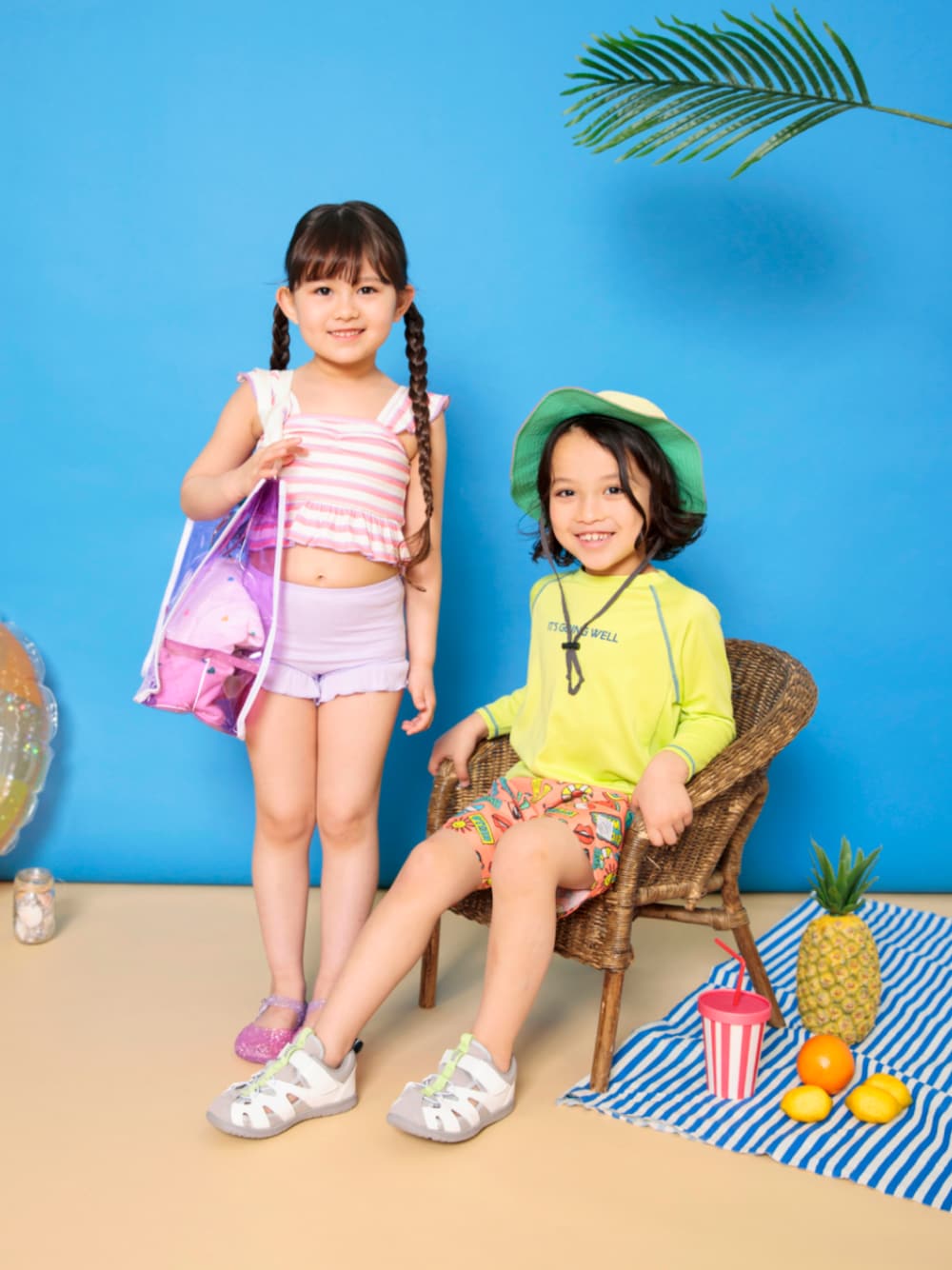 「F.O.Online Store、エフオーオンラインストア(F.O.Online Store)、BREEZE、ブリーズ、キッズコーデ、キッズファッション、女の子、男の子、水着、プール、スイムウェア、プールバッグ、サンダル、ラッシュガード、ハット」｜「BREEZEのアウトドアハット（ハット、その他）」を使った、F.O.OnlineStoreさん（キッズ・110cm）の夏コーディネートの1枚目の写真