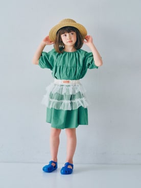 「p.premier（ピードットプルミエ）のロゴリボンストローハット（ハット、ホワイト系）」を使った、F.O.OnlineStoreさん（キッズ・110cm）の春コーディネート