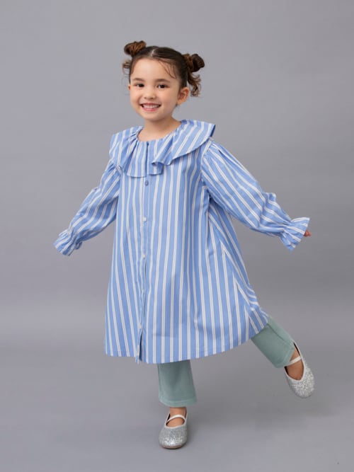 送料無料！天の川羽衣ワンピース風スタイ(ブルー) セール】【リンク/ジュニア対応】ノーカラーシャツワンピース