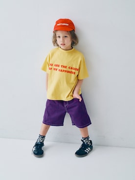 「p.premier（ピードットプルミエ）のロゴ刺繍キャップ（キャップ、レッド系）」を使った、F.O.OnlineStoreさん（キッズ・110cm）の春コーディネート