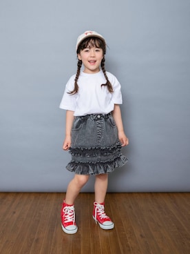 「BREEZE（ブリーズ）の【UVカット】リボン刺繍キャップ（キャップ、ホワイト系）」を使った、F.O.OnlineStoreさん（キッズ・110cm）の夏コーディネート