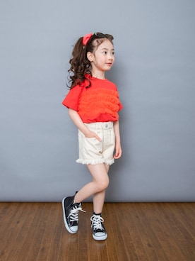 「BREEZE（ブリーズ）のフリンジショートパンツ（デニムパンツ、ホワイト系）」を使った、F.O.OnlineStoreさん（キッズ・110cm）の夏コーディネート