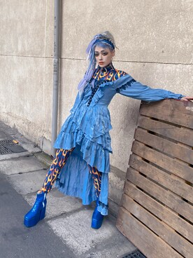 「no brand（ノーブランド）のアイテム（ワンピース/ドレス、ブルー系）」を使った、WEDNESDAYさん（レディース・163cm）の秋コーディネート