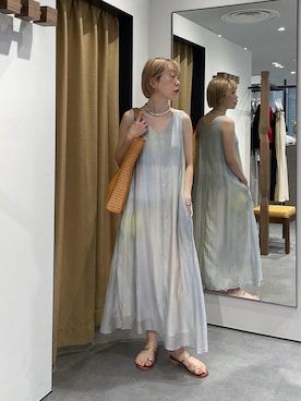 「GALLEST（ギャレスト）のデジタルシアープリントワンピース（ワンピース、ブルー系）」を使った、mikuさん（レディース・160cm）の夏コーディネート