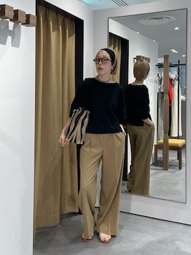 「GALLEST（ギャレスト）のハーフスリーブフォルムカットソー【再入荷／マシンウォッシュ／接触冷感】（Tシャツ/カットソー、ブラック系）」を使った、mikuさん（レディース・160cm）の夏コーディネート