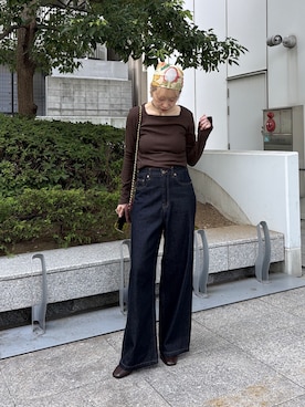 「GALLEST（ギャレスト）のサイドギャザー ワイドデニム（デニムパンツ、ブルー系）」を使った、mikuさん（レディース・160cm）の夏コーディネート
