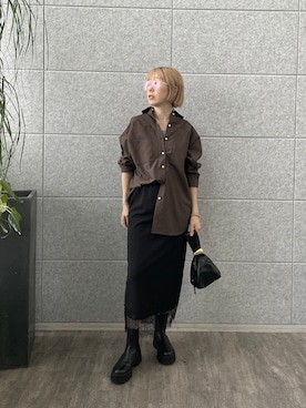「GALLEST（ギャレスト）の裾レース ストレートスカート（スカート、ブラック系）」を使った、mikuさん（レディース・160cm）の夏コーディネート
