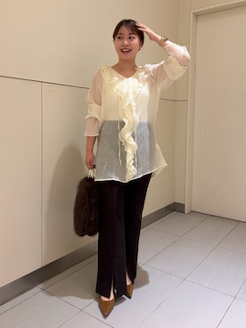 「LOUNGEDRESS（ラウンジドレス）の楊柳フリルカラーブラウス　秋服（シャツ/ブラウス、ホワイト系）」を使った、ancho3さん（レディース・153cm）の秋コーディネート