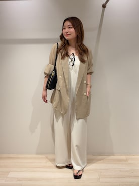 「LOUNGEDRESS（ラウンジドレス）の《累計1.5万枚/洗えてシワになりにくい！》リネンライクシアージャケット（テーラードジャケット、ベージュ系）」を使った、ancho3さん（レディース・153cm）の夏コーディネート