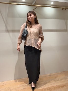 「LOUNGEDRESS（ラウンジドレス）の《好評につき再登場/洗える》【earthy_/アーシー】シアーハンドライクニット　秋服（ニット/セーター、ベージュ系）」を使った、ancho3さん（レディース・153cm）の秋コーディネート