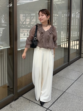 「LOUNGEDRESS（ラウンジドレス）の楊柳フリルカラーブラウス　秋服（シャツ/ブラウス、グレー系）」を使った、ancho3さん（レディース・153cm）の秋コーディネート