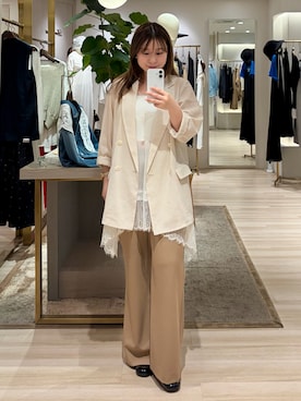 「LOUNGEDRESS（ラウンジドレス）のリネンライクシアージャケット（テーラードジャケット、ホワイト系）」を使った、ancho3さん（レディース・153cm）の夏コーディネート