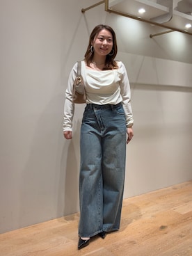 「LOUNGEDRESS（ラウンジドレス）の《着映えトップス/きれい見え》NEWドレープカットソー　秋服（Tシャツ/カットソー、ホワイト系）」を使った、ancho3さん（レディース・153cm）の秋コーディネート