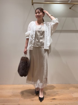 「LOUNGEDRESS（ラウンジドレス）の《セットアップ可/着映え》ショートレースキャミ（キャミソール、ベージュ系）」を使った、ancho3さん（レディース・153cm）の秋コーディネート
