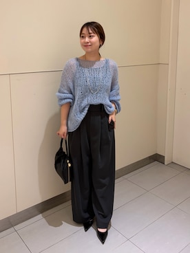 「LOUNGEDRESS（ラウンジドレス）の《好評につき再登場/洗える》【earthy_/アーシー】シアーハンドライクニット（ニット/セーター、ブルー系）」を使った、ancho3さん（レディース・153cm）の秋コーディネート