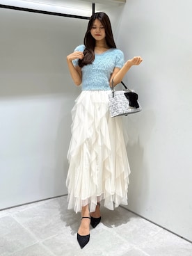 「JILL by JILL STUART（ジルバイジルスチュアート）のフェザーコンパクトニットトップス（ニット/セーター、ブルー系）」を使った、ayujillby98さん（レディース・163cm）の夏コーディネート