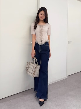 「JILL by JILL STUART（ジルバイジルスチュアート）のレーストリムニット（ニット/セーター、ピンク系）」を使った、ayujillby98さん（レディース・163cm）の夏コーディネート