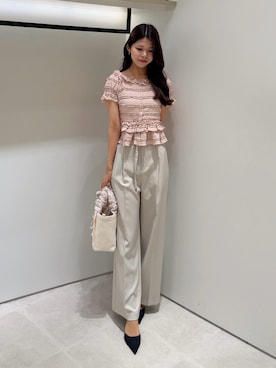 「JILL by JILL STUART（ジルバイジルスチュアート）のフリルカットソートップス（Tシャツ/カットソー、ピンク系）」を使った、ayujillby98さん（レディース・163cm）の夏コーディネート