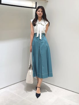 「JILL by JILL STUART（ジルバイジルスチュアート）のピンタックボウタイブラウス（シャツ/ブラウス、ホワイト系）」を使った、ayujillby98さん（レディース・163cm）の夏コーディネート