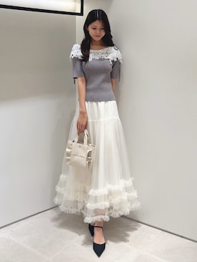 「JILL by JILL STUART（ジルバイジルスチュアート）のデコルテレースニット（ニット/セーター、グレー系）」を使った、ayujillby98さん（レディース・163cm）の夏コーディネート