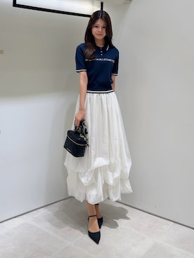 「JILL by JILL STUART（ジルバイジルスチュアート）のラインロゴポロニット（ニット/セーター、ブルー系）」を使った、ayujillby98さん（レディース・163cm）の夏コーディネート