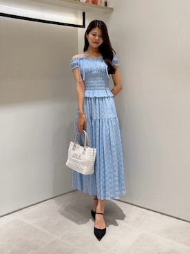 「JILL by JILL STUART（ジルバイジルスチュアート）の2wayスリーブシュリンクワンピース（ワンピース、ブルー系）」を使った、ayujillby98さん（レディース・163cm）の夏コーディネート