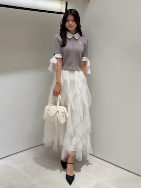 「JILL by JILL STUART（ジルバイジルスチュアート）の袖リボンケーブルカーディガン半袖（ニット/セーター、グレー系）」を使った、ayujillby98さん（レディース・163cm）の春コーディネート