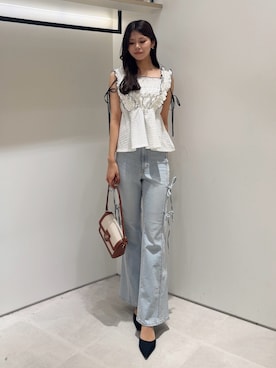 「JILL by JILL STUART（ジルバイジルスチュアート）のサイドリボンフレアデニム（デニムパンツ、ブルー系）」を使った、ayujillby98さん（レディース・163cm）の夏コーディネート