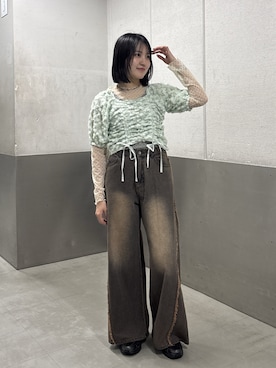 「w closet（ダブルクローゼット）のフリンジバギーデニムパンツ（デニムパンツ、ブラウン系）」を使った、kotwcloさん（レディース・166cm）の夏コーディネート