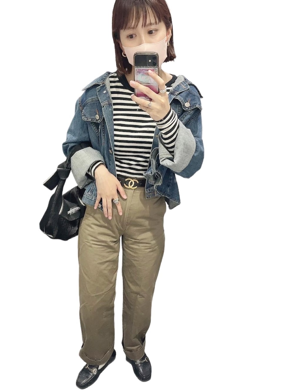 「カジュアルコーデ、カジュアル、お洒落さんとつながりたい、おしゃれさんと繋がりたい、ootd、休日スタイル、休日コーデ、お出かけコーデ、ボーダー、ローファー、デニム、デニムジャケット、チノパン、ユニクロ」｜「BEAMS BOYの【一部予約】BEAMS BOY / 1cｍボーダー ボートネック7分袖②（Tシャツ/カットソー、ブラック系）」を使った、えりんこりにすたさん（レディース・156cm）の春コーディネートの1枚目の写真
