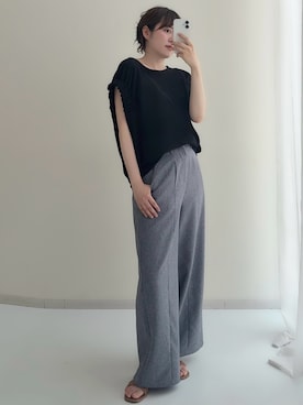 「nissen（ニッセン）のフレンチスリーブぽこぽこ素材カットソートップス（Tシャツ/カットソー、ブラック系）」を使った、tamaさん（レディース・162cm）の春コーディネート