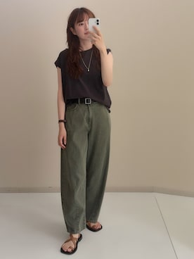「nissen（ニッセン）のカラーデニムケミカル加工バレルレッグパンツ＜大きいサイズ有＞（パンツ、ベージュ系）」を使った、tamaさん（レディース・162cm）の夏コーディネート