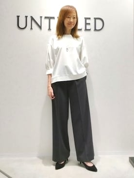「UNTITLED（アンタイトル）の【楽にきれい見え/体型カバー】パフスリーブジャージトップス（Tシャツ/カットソー、ホワイト系）」を使った、mm20008849さん（レディース）の秋コーディネート