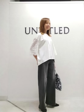 「UNTITLED（アンタイトル）の【秋映え/甘めTシャツ】袖レースプルオーバー（Tシャツ/カットソー、ホワイト系）」を使った、mm20008849さん（レディース）の夏コーディネート