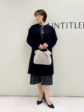 「UNTITLED（アンタイトル）の【ゆったり/軽やか】カシミヤ混ノーカラーコート（ノーカラーコート、ブルー系）」を使った、Mikiさん（レディース・160cm）の秋コーディネート