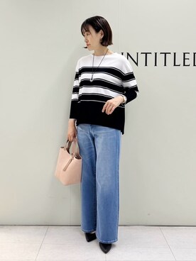 「UNTITLED（アンタイトル）の【洗える/ゆったり】ボーダーボートネックニット（ニット/セーター、ブラック系）」を使った、Mikiさん（レディース・160cm）の春コーディネート
