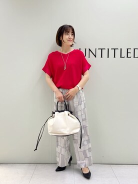 「UNTITLED（アンタイトル）の【古畑星夏さん着用/11色展開/体型カバー】前後2WAYフレンチスリーブニット（ニット/セーター、ピンク系）」を使った、Mikiさん（レディース・160cm）の春コーディネート