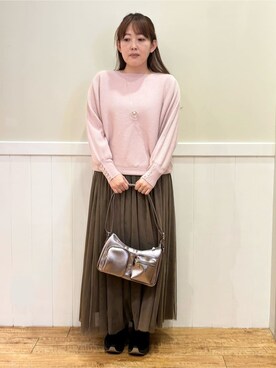 「DRESKIP（ドレスキップ）の【洗える】大人の上品コーデに お袖ビジュー釦付きリブドルマンニット（ニット/セーター、ピンク系）」を使った、ハチさん（レディース・156cm）の冬コーディネート
